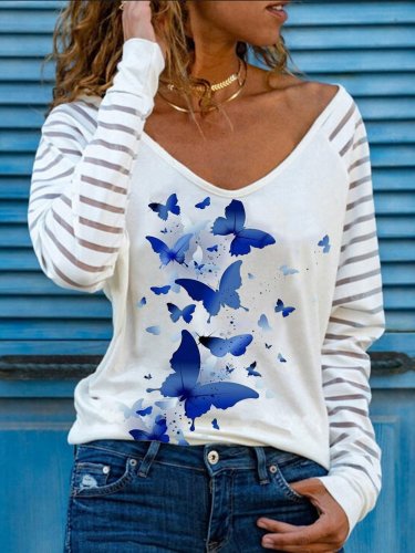 White Butterfly Printed V Neck Casual Long Sleeve Paneled Shift Shirts & Tops