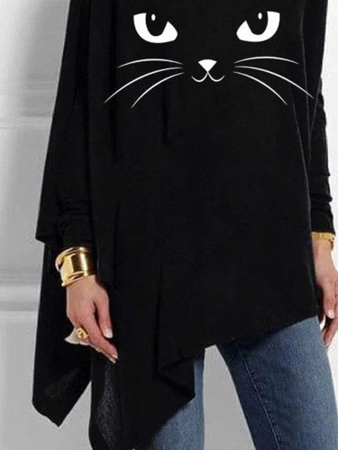 Black Casual Cat Printed Asymmetric Long Sleeve Shift Shirts & Tops