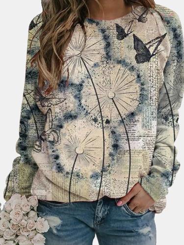 Flower butterfly print women's long-sleeved round neck t-shirts