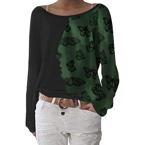 Round neck loose butterfly printed women long sleev autumn T-shirts