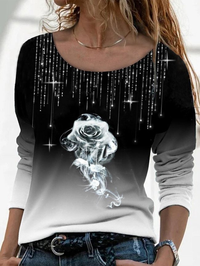 Black Floral Ombre/Tie-Dye Printed Rhinestone Casual Long Sleeve Shift Shirts & Tops