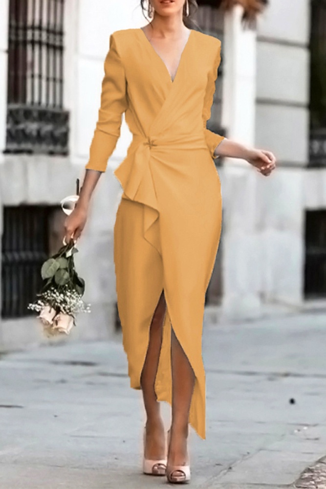 Fashion Elegant Solid Split Joint Asymmetrical V Neck Pencil Skirt Dresses