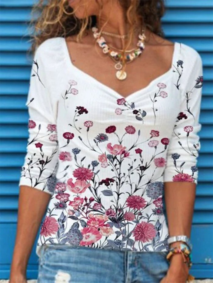 Vintage Long Sleeve Floral Printed V Neck Plus Size Casual Tops
