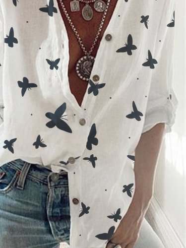 White Casual Butterfly Printed Long Sleeve Shift Shirts & Tops
