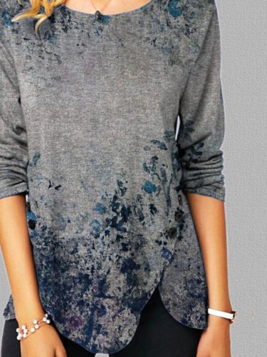 Gray Casual Floral Printed Long Sleeve Round Neck Shirts & Tops