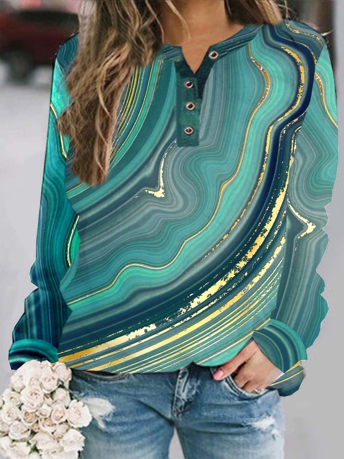 Vintage Abstract Rock Texture Printed Long Sleeve Notch Plus Size Casual Sweatshirt