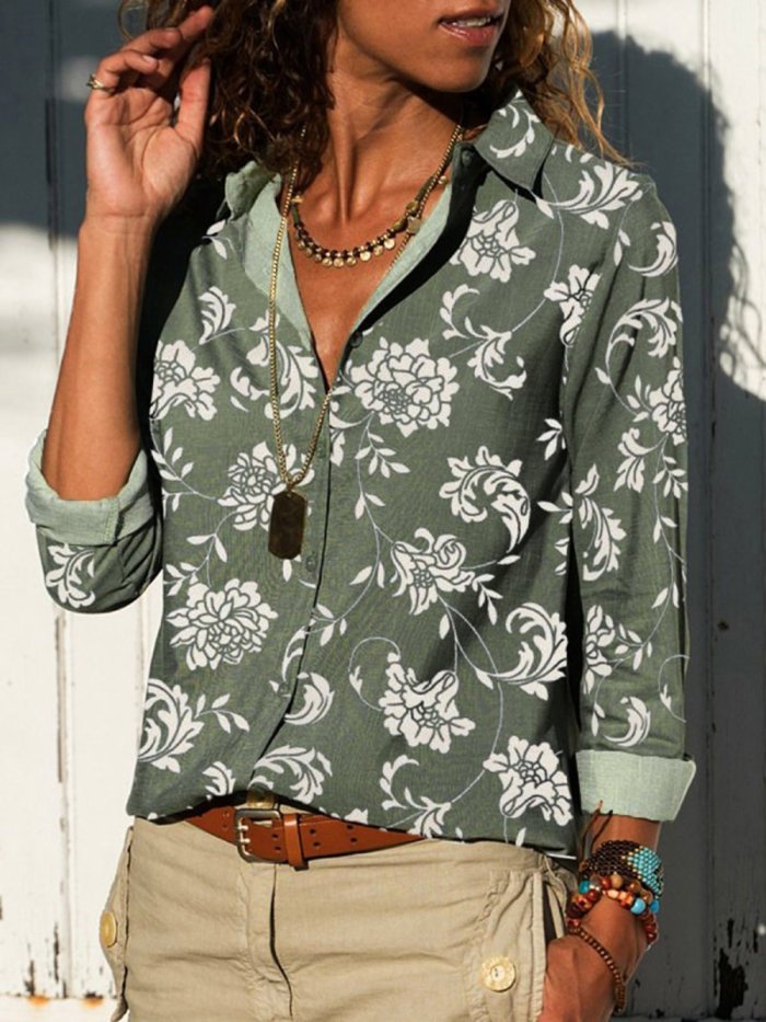 Green Floral Printed Long Sleeve Casual Shirt Collar Shirts & Tops