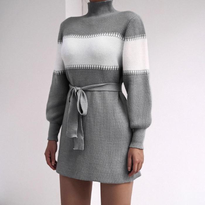 Long-sleeved casual color-blocking half-high neck knitted sweater dresses