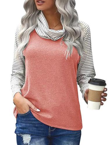 Long Sleeve Stacked Neck Top Striped Sleeve Printed T-Shirts