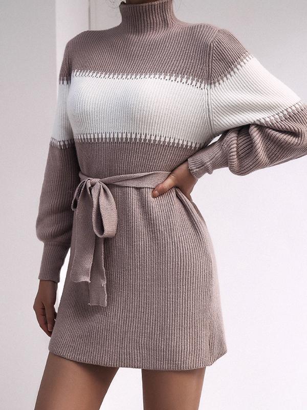 Long-sleeved casual color-blocking half-high neck knitted sweater dresses