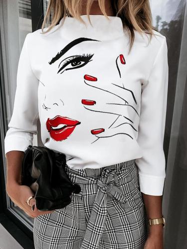 Women face printed fashion long sleeve lip T-shirts