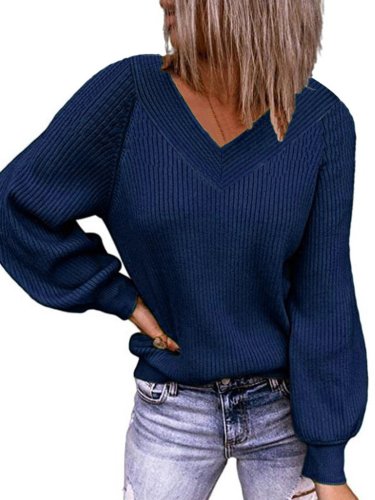 Vintage Solid V Neck Long Sleeve Plus Size Casual Sweaters