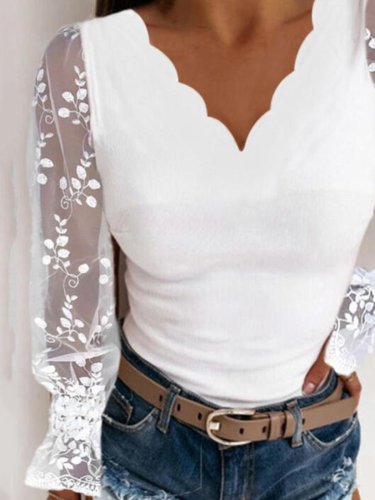 White V Neck Paneled Lace Basic Sexy Long Sleeve Shirts & Tops