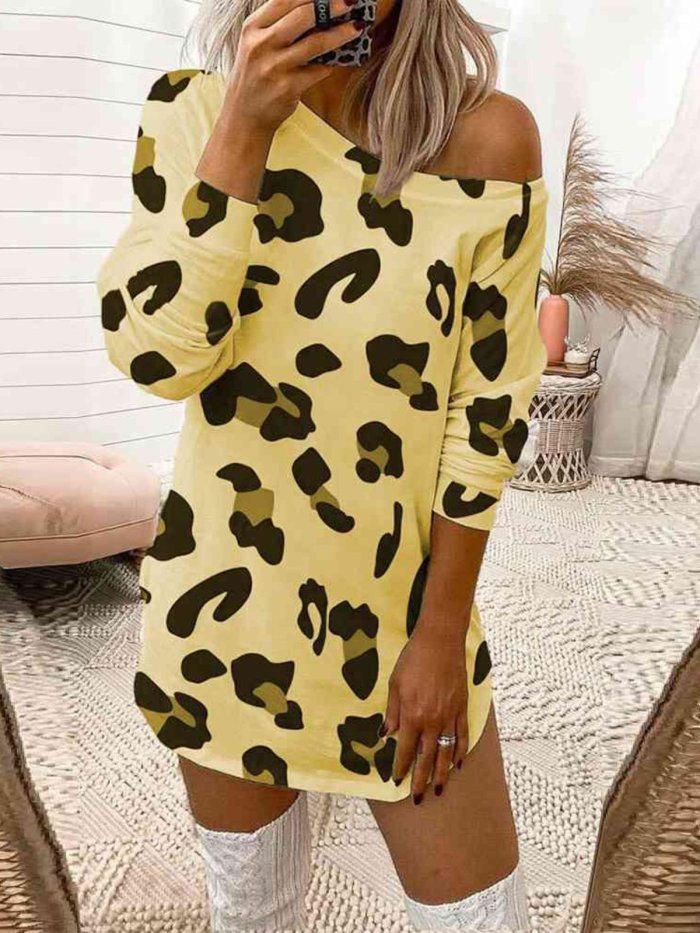 Vintage Long Sleeve Leopard Butterfly Geometric Printed Off Shoulder Plus Size Casual Dresses