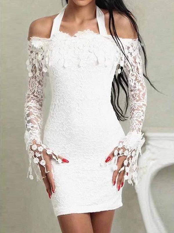 Off shoulder women white long sleeve lace bodycon dresses