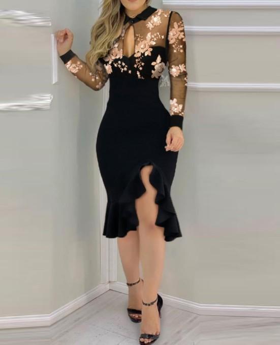 Sexy black long sleeve Net yarn ruffle bodycon dresses