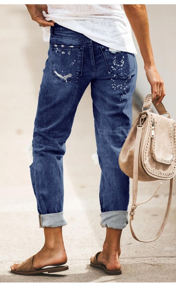 Basic fashion hole design denim jeans long pants