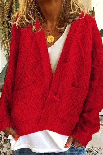 Solid Ribbed Horn Buckle Pockets Cardigan
