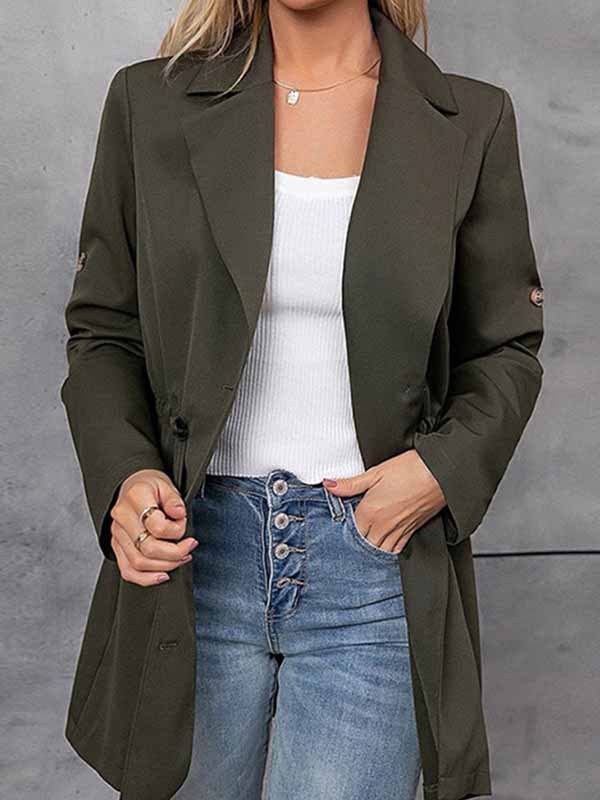 Fashion Elegant Solid Draw String Buttons Turn-back Collar Outerwear