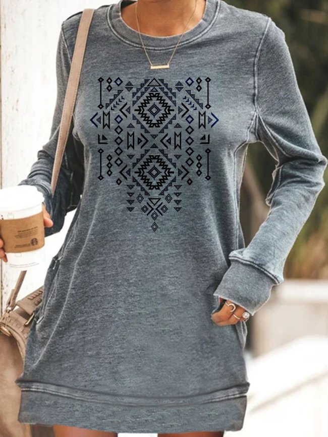 Ethnic style pattern printing casual basic personality dress