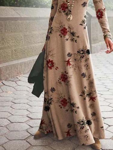 Round neck Long-sleeved Floral Maxi Dresses