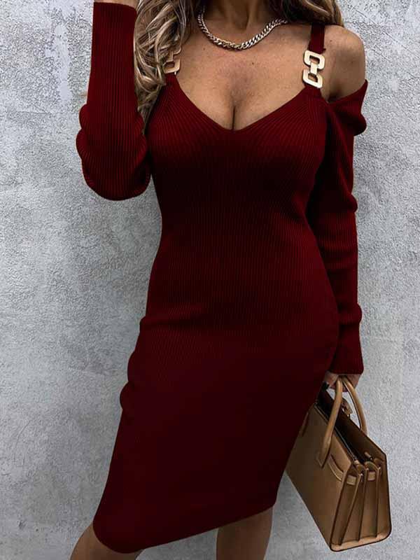 Autumn and winter long strapless V-neck metal pendant sexy slim sweater bodycon dresses
