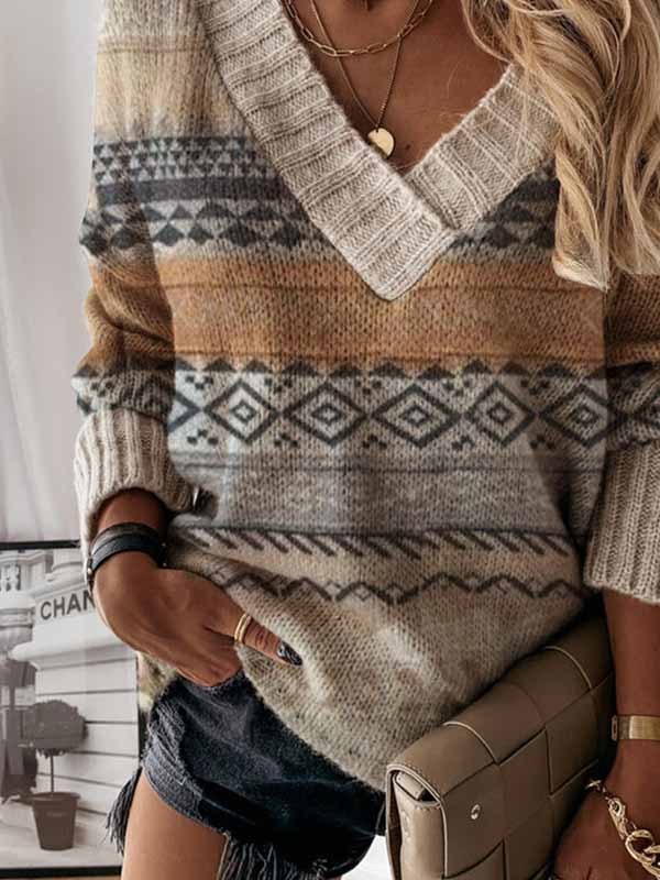 Printed V-neck casual sweater ladies loose long-sleeved knit sweaters