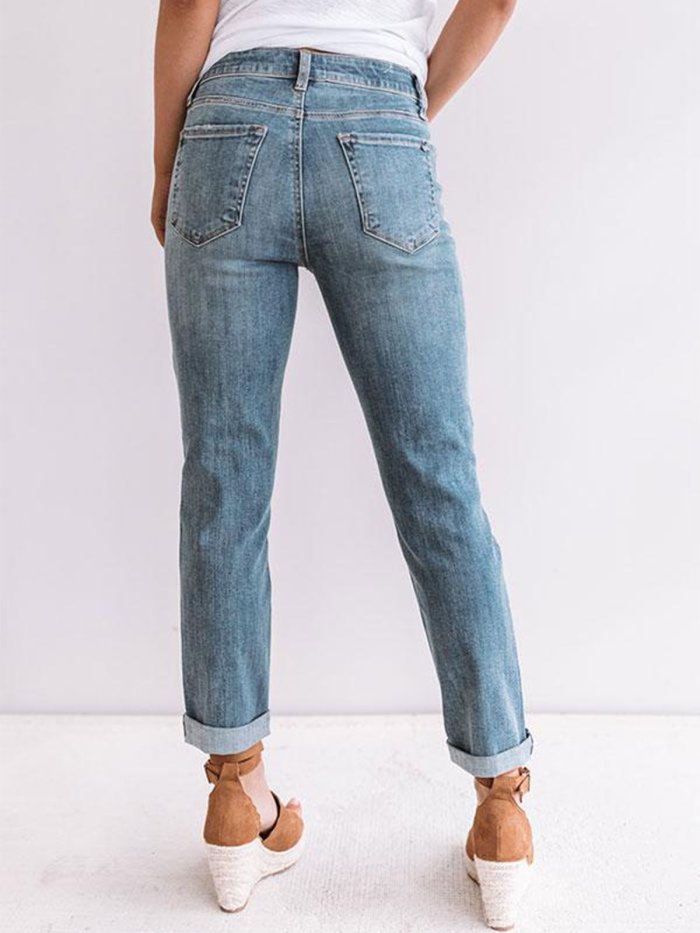 Blue Vintage Denim Pockets Plain Pants
