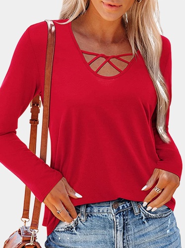 Casual Solid Hollowed Out Split Joint V Neck Tops