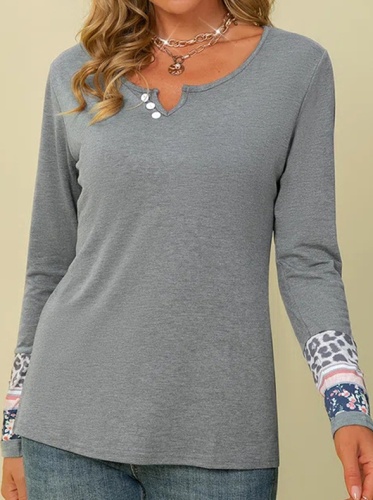 Casual Print Split Joint Buttons V Neck Tops