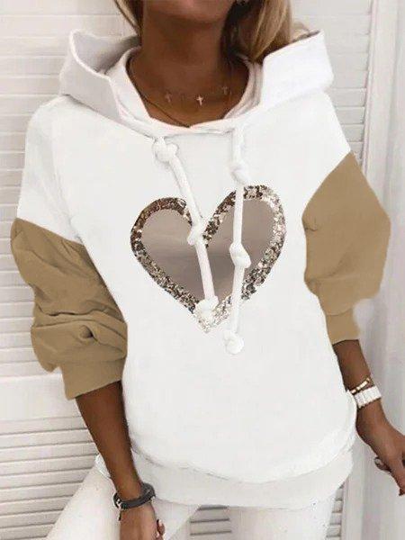 Vintage Shiny Love Heart Color-block Hoodie Long Sleeve Plus Size Casual Sweatshirt