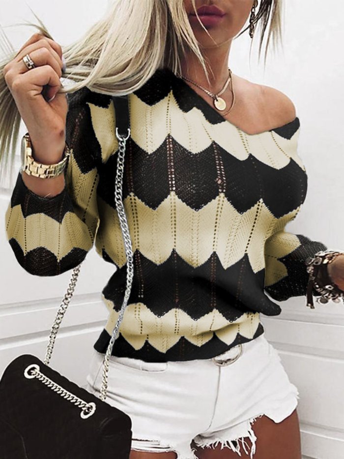 Long Sleeve Casual Color-Block V Neck Sweater