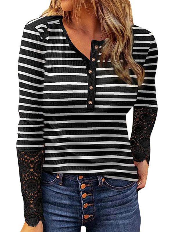 Round neck button design lace sleeve long sleeve T-shirts