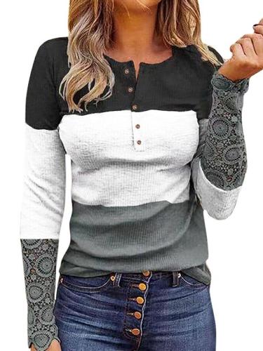Round neck button design lace sleeve long sleeve T-shirts