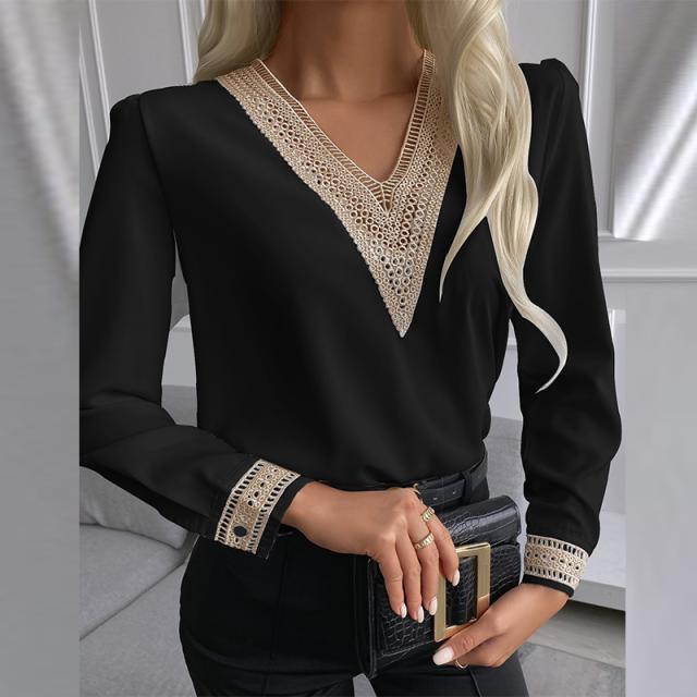 Women v neck lace long sleeve plain elegant blouses