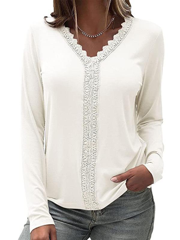 V neck lace design long sleeve T-shirts tops for women