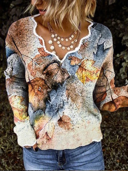 Leaves Printed Casual V Neck Long Sleeve Shirts & Tops