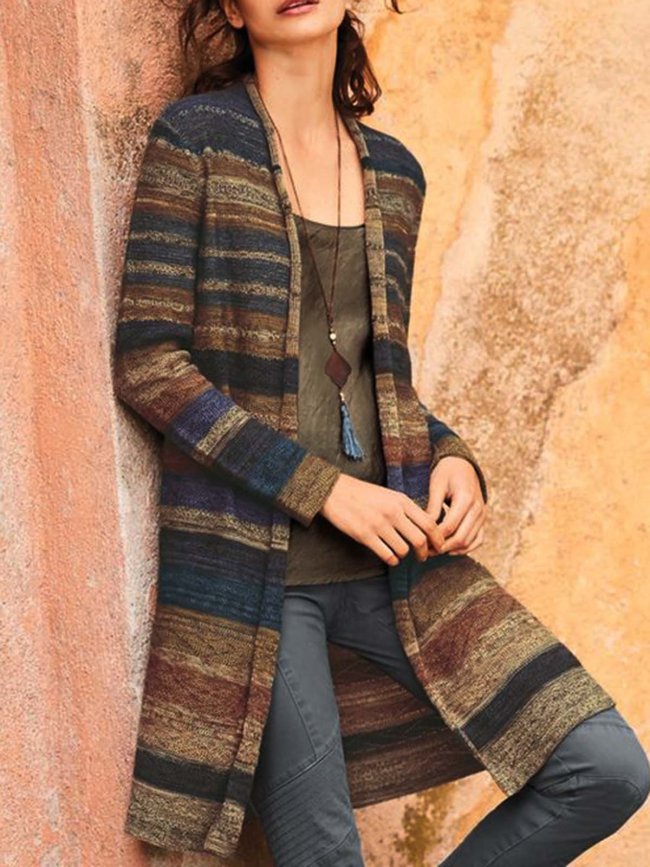 Colorful Stripe Long Sleeve Casual Outerwear Coats