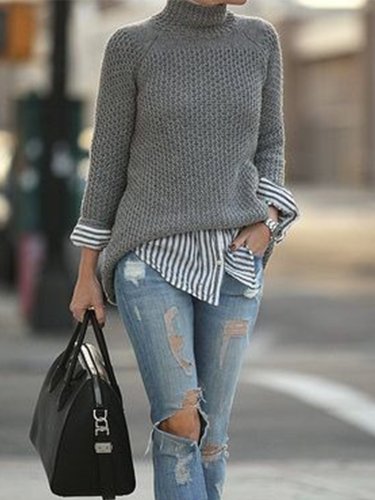 Vintage Plain Long Sleeves Plus Size Casual Sweater