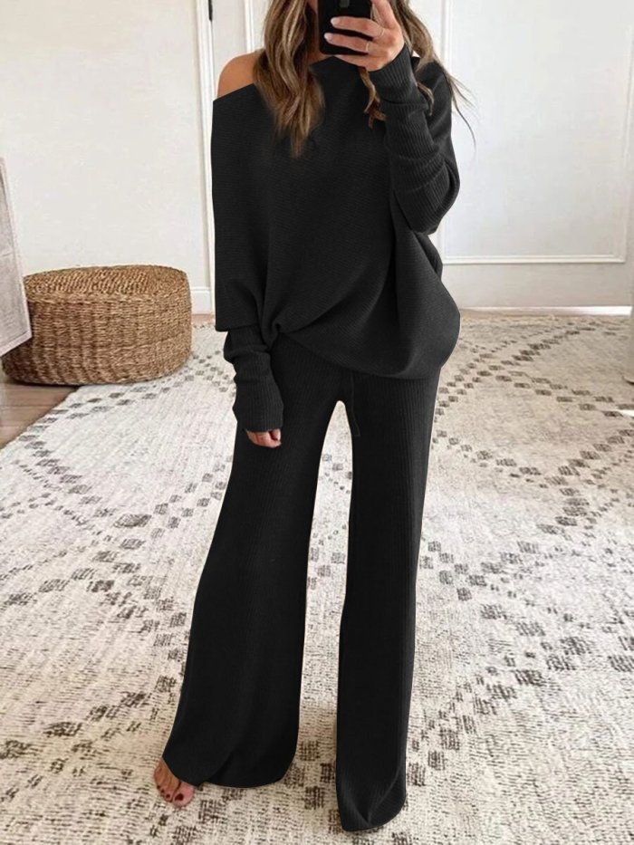 Pure color round neck long sleeve casual two-piece suits