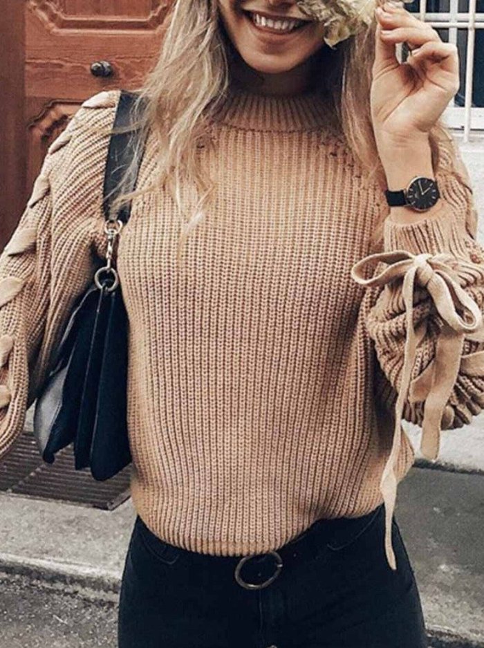 Tie Round Neck Solid Color Sweater