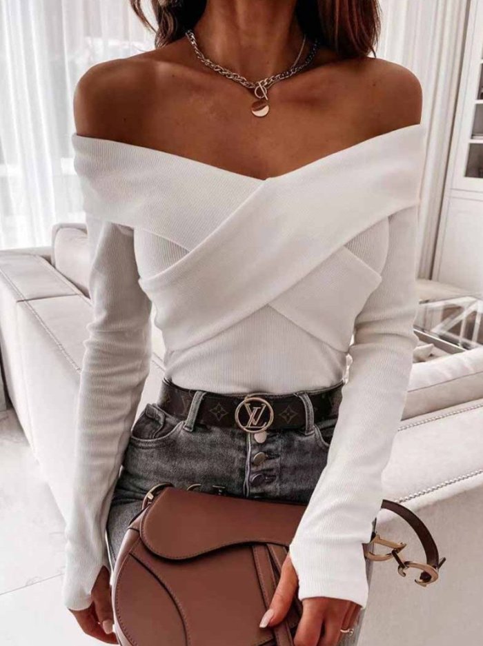 Sexy V-Neck Strapless Striped Tie Tops Sweaters