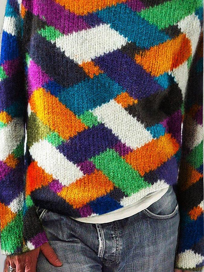 Multicolor Cotton-Blend Casual Scoop Neckline Checkered/plaid Sweater