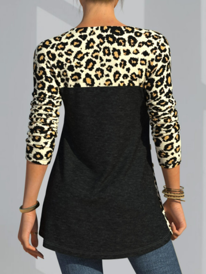 Long sleeve round neck black stitched leopard t-shirt t-shirt female