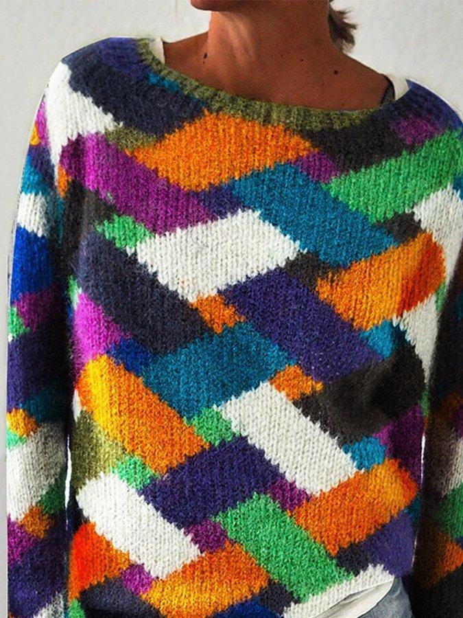 Multicolor Cotton-Blend Casual Scoop Neckline Checkered/plaid Sweater