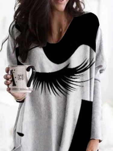 Black-Grey Casual Long Sleeve Abstract Shirts & Tops