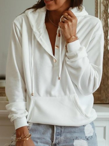 Casual Long Sleeve Solid White Hoodie Sweatshirt