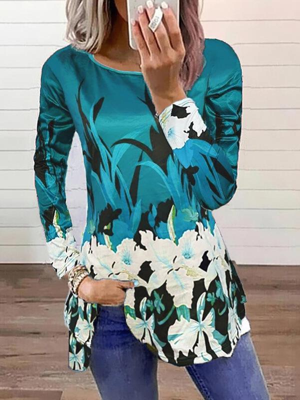 Round neck T-shirts printed fashion floral design tops for women