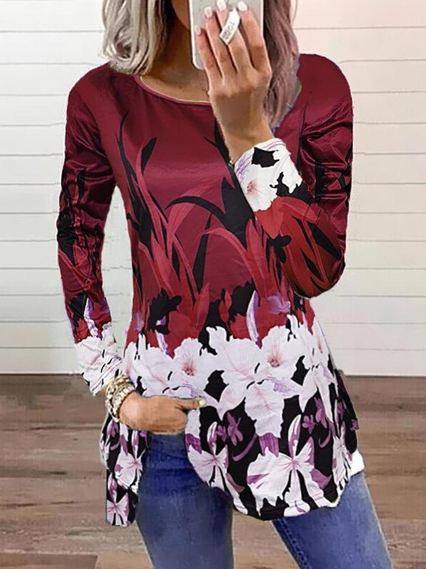 Round neck T-shirts printed fashion floral design tops for women