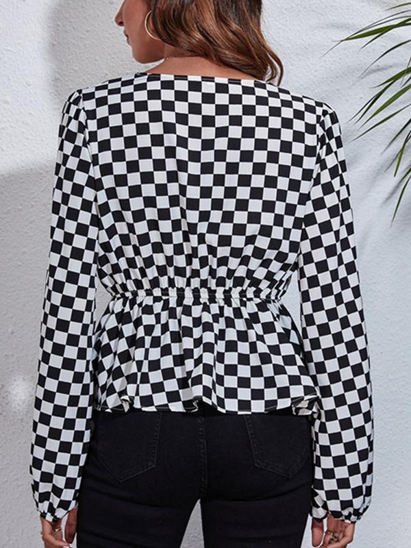 V neck black and white grid women blouses